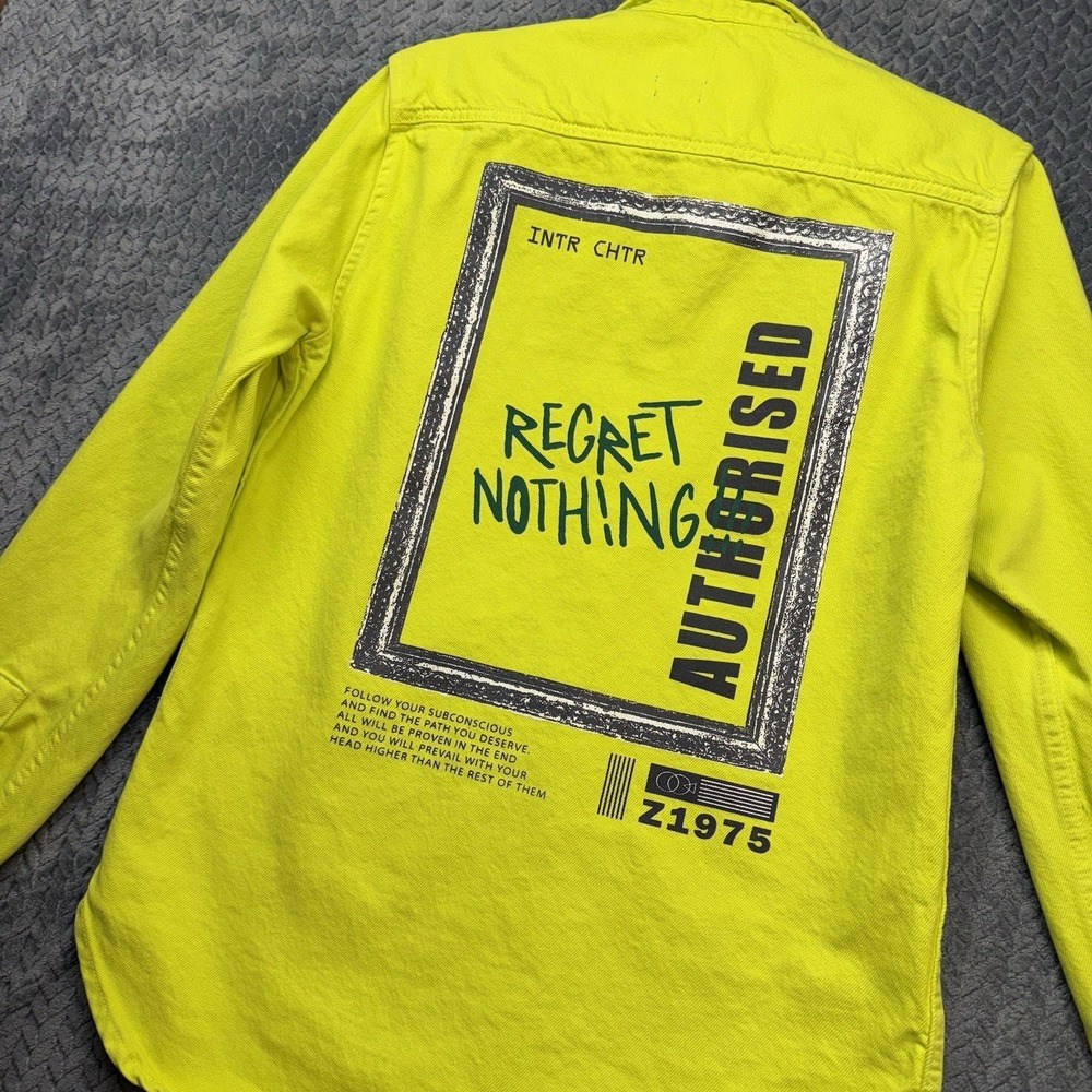 Zara Men's Denim Shirt Jacket Small‎ Neon Yellow Regret Nothing Streetwear